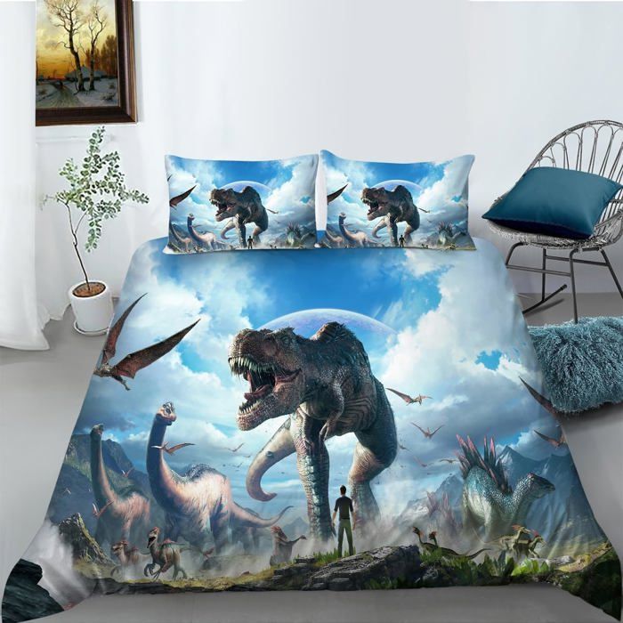 Parure De Lit Enfant Dinosaure 3D En Microfibre Douce - Housse De Couette + 2 Taies - Lavable Machine