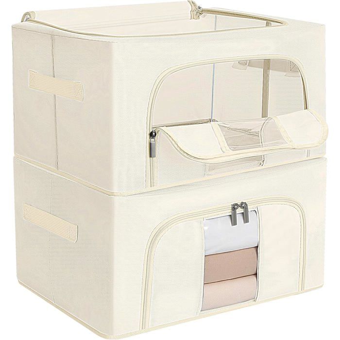 Lot de 2 Sac de Rangement Vêtement avec Fermeture clair 100L Boîtes de rangement avec Cadre Beige