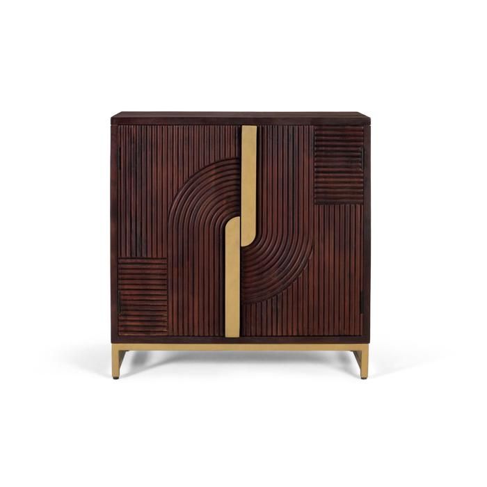 Buffet bas en manguier massif - Détails dorés - Design moderne - 90x47x90 cm - Marron - Façade sculptée