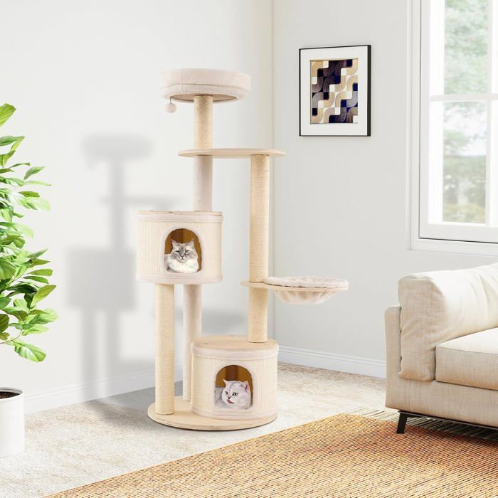 Arbre à Chat Multi-Niveaux 152 cm Bois COSTWAY Griffer en Sisal Condo Perchoir Hamac Jouet Suspendu Coussin Peluche Lavable Arbre à Chat Multi-Niveaux 152 cm Bois COSTWAY Griffer en Sisal Condo Perchoir Hamac Jouet Suspendu Coussin Peluche Lavable