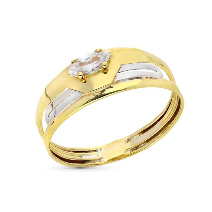 Bague ajourée en or jaune 9 carats avec zircon cubique maquise au centre largeur maximale de la tête 7 mm.