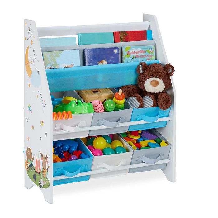 GINGER HOME – Organiseur enfant 3 porte-livres + 6 bacs meuble de rangement jouets bois & tissu motif Forêt 62 3×26 5×74 cm