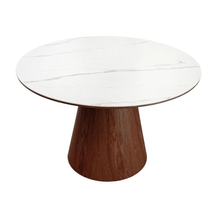 Table de salle à manger LUMEA – Ronde 120 cm – Plateau céramique effet marbre blanc – Pied plaqué en noyer – Style contemporain