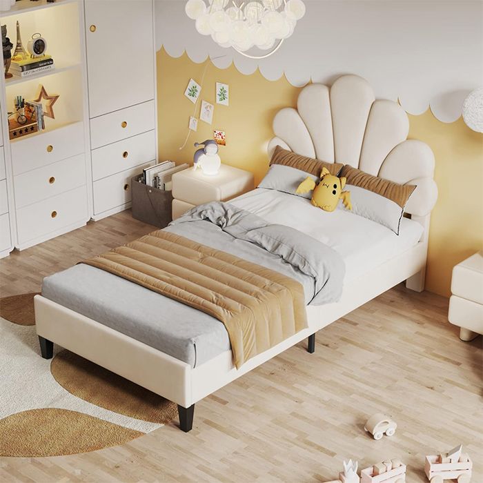 Lit de fille - Lit Rembourré pour Enfant 90x200cm - Cadre avec Tête de Lit en Forme de Fleur et Sommier à Lattes - Beige