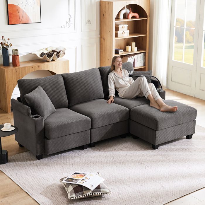 Canapé dangle convertible - 3 places - Gris Foncé - Velours côtelé - 213.5x139x87 cm - Repose-pieds - Porte-gobelet