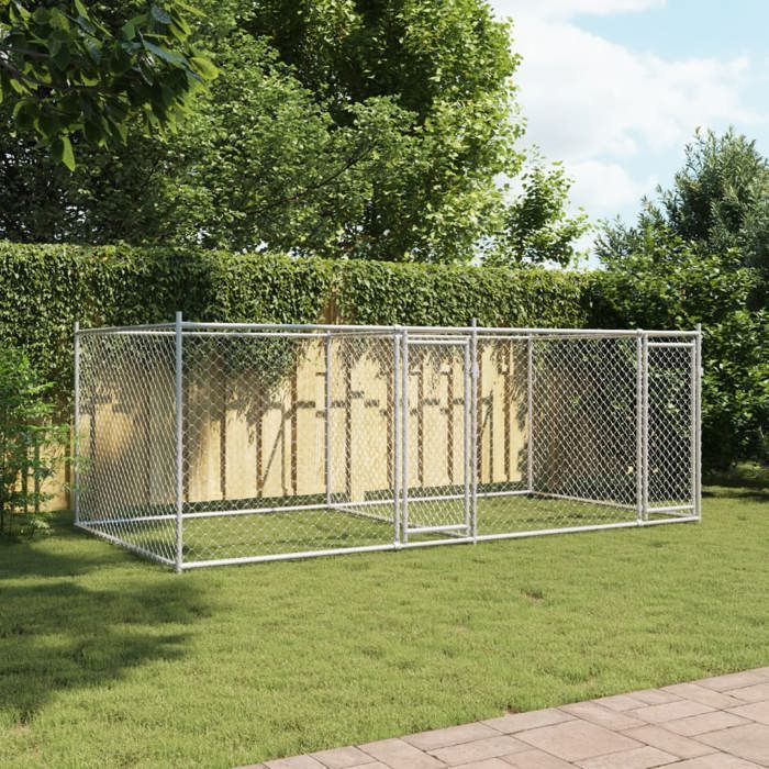 Cage pour chien en acier galvanisé - BURKE - 4x2x15 m - Gris - Portes verrouillables - Maille ventilée