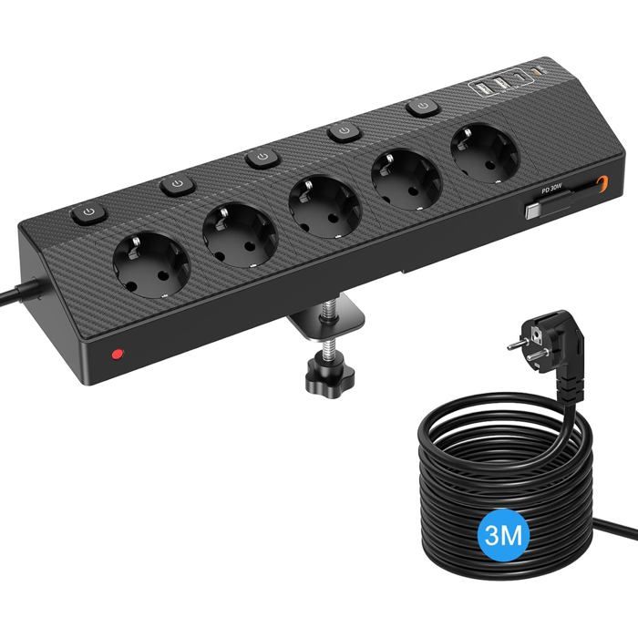 Mini Multiprise Multiprise Multiprise avec USB C PD 30W, 5 Prises et 5 USB, Noir, 3M ...