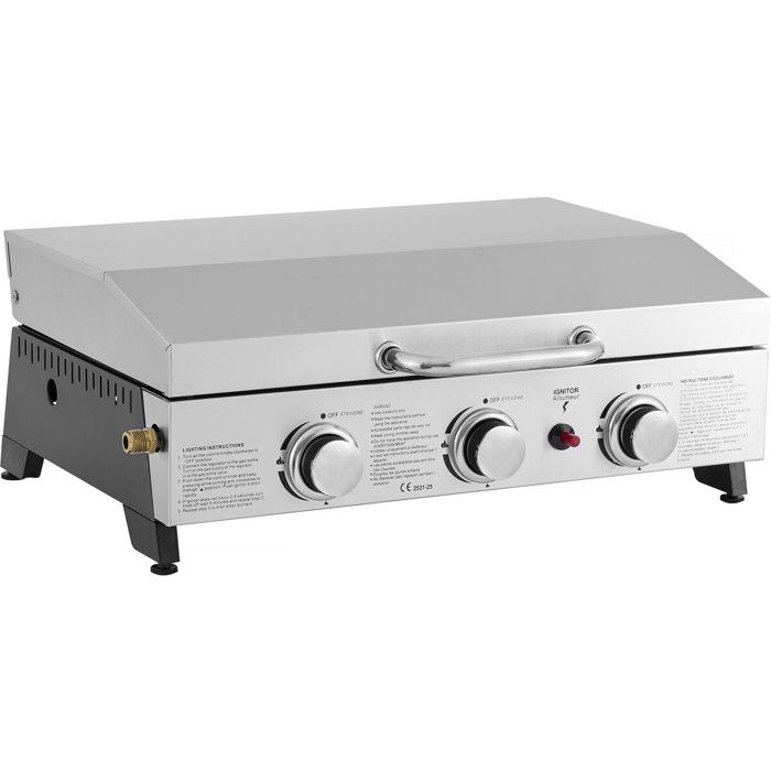 Plancha à gaz avec 3 bruleurs et couvercle en métal Fasto - 75 kw - Gris