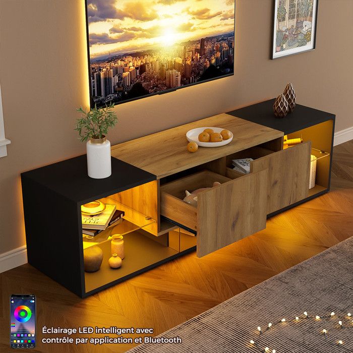 Meuble TV LED 3 Niveaux Jusqu’à 70 Pouces Meuble Salon TV  Moderne 160 cm avec Étagères Verre Tiroir Compartiments Ouverts Noir