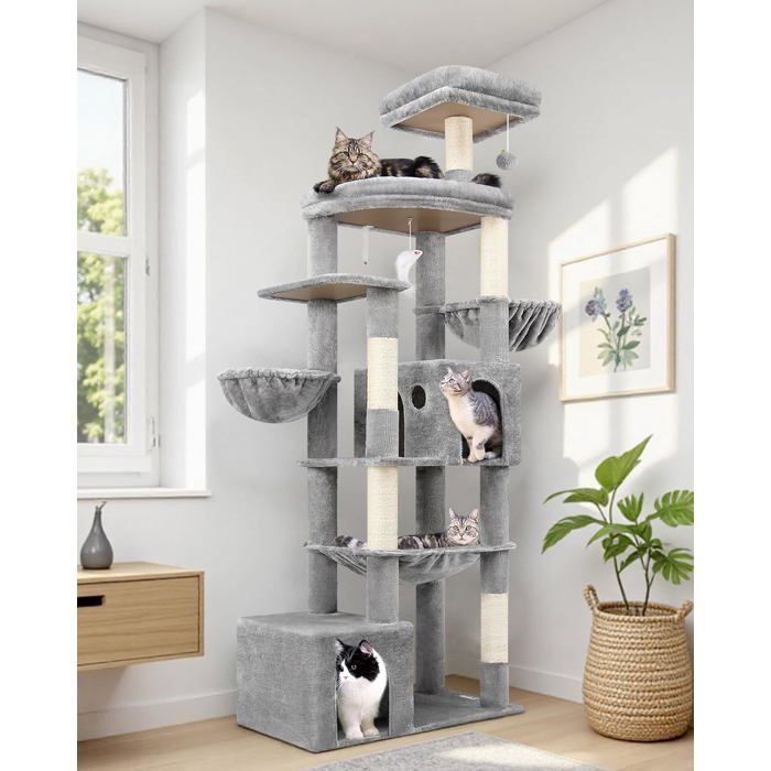 Meilleurs prix pour Arbre à chat XXL - HOLISANE - 193 cm - 2 grandes niches - Hamac 50x40 cm - Pour 3-5 grands chats
