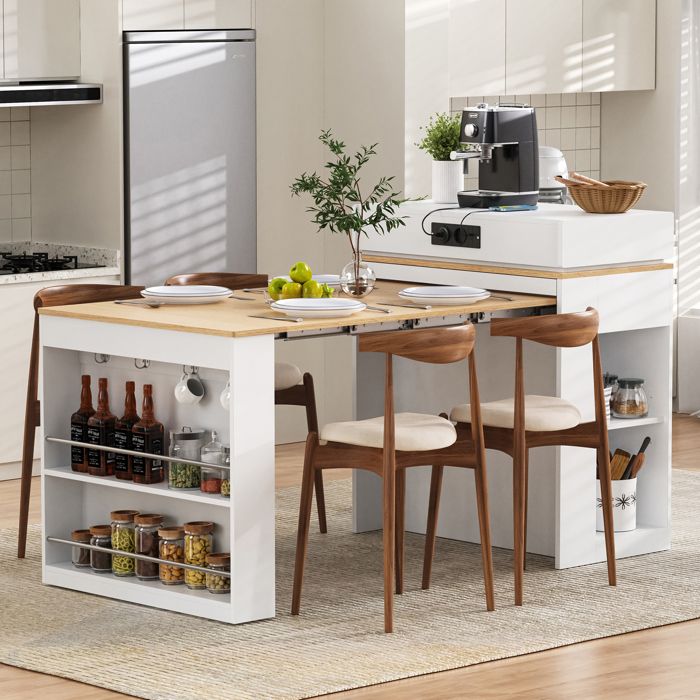 Îlot de cuisine extensible avec rangement buffet moderne minimaliste 83 × 46-1465 × 96 cm équipé dune prise électrique blanc