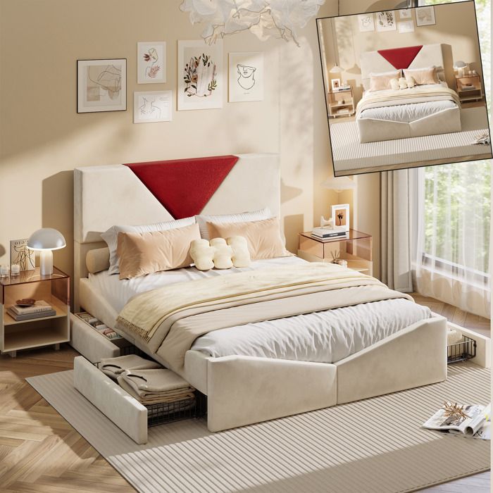 Lit Double 140x190CM avec 4 Tiroirs - Tête de Lit Triangulaire - Cadre de Lit Adulte/Adolescent avec Sommier -Tissu Velours - Beige