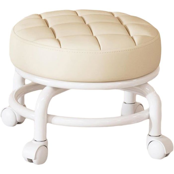 Tabouret à roulettes rotatif - DOK - 360° rotatif - Léger - Robuste - Pour salons - Plastique - Cuir - Éponge - Beige
