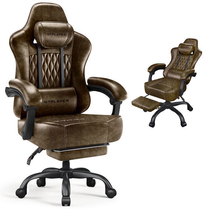 Chaise Gaming Ergonomique Synchrone Accoudoirs Réglables Coussins LombaireTête Siège Épais PU rétro