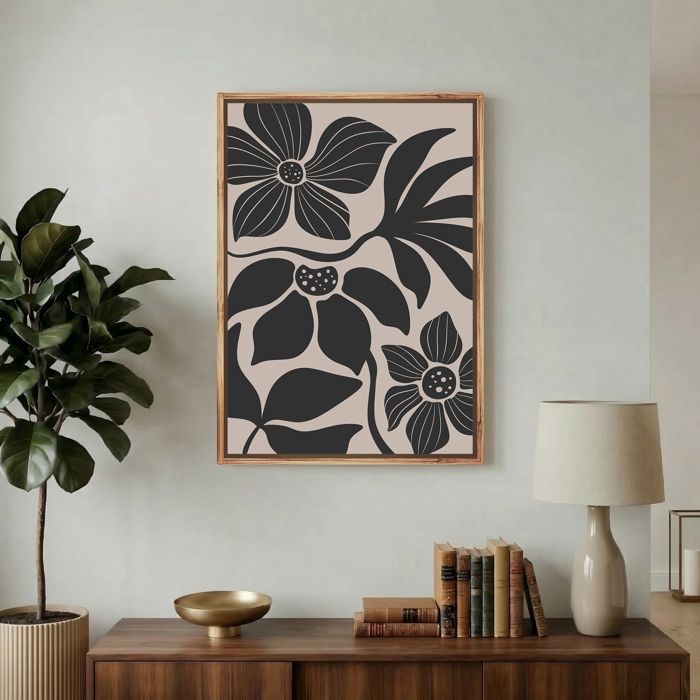 Tableau Floral Noir et Beige – Affiche Murale Moderne Style Scandinave- 41x61cm - cadre flottant