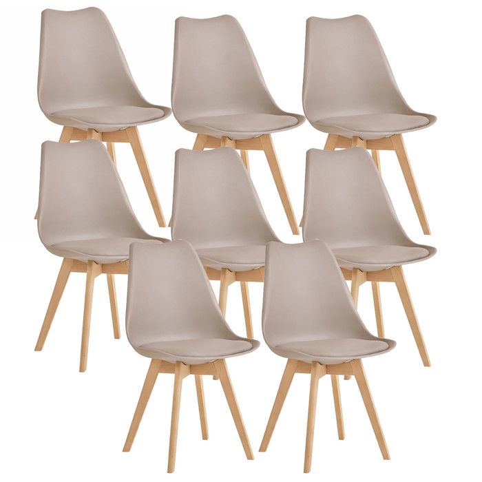 8 Chaises Tulipes Salle à Manger Scandinaves Bm Home Salle de Bureau Pieds en Bois de Hêtre Massif Couleur TAUPE