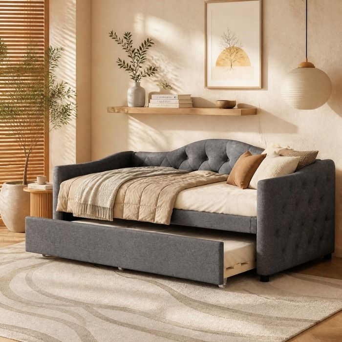 Lit gigogne extensible 90x200 cm - TCQPZ - en lin et MDF style minimaliste sommier à lattes gris sans matelas