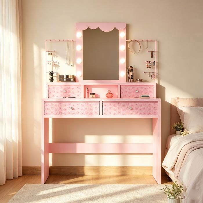 Coiffeuse Rose avec Miroir LED 4 Tiroirs en tissu à texture rose 8 ampoules 3 Modes D’Éclairage étagère à bijoux amovible