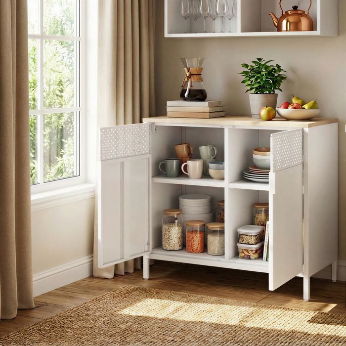 Buffet de Cuisine en Acier Armoire à Double Porte pour Salon Fermeture Magnétique Métal Beige et Blanc