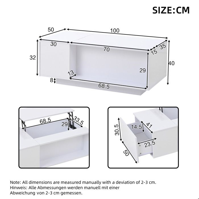 MEULVA Table basse relevable 100 x 50 x 40 cm avec rangement caché 1 tiroir étagère ouverte LED blanc