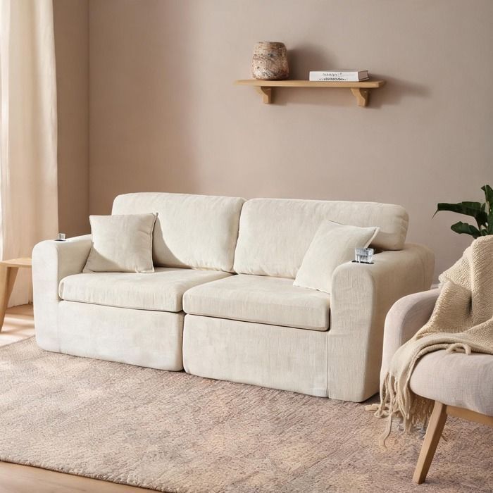 Canapé relax 2 places gain de place en tissu chenille neutre beige avec porte-gobelet et coussins