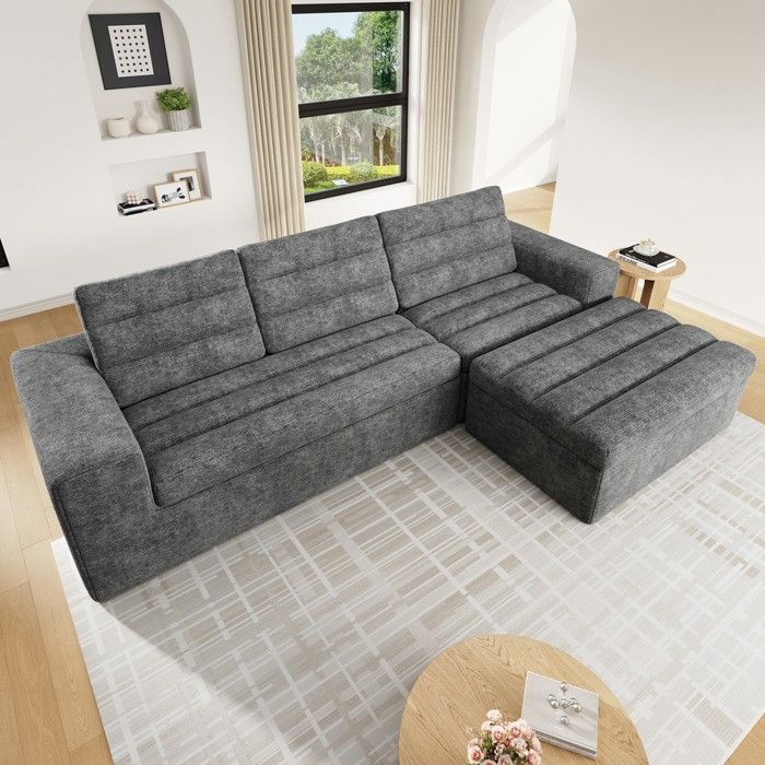 Canapé dangle modulable convertible en lit tissu chenille gris clair avec rangement