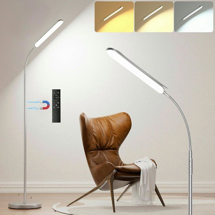 Lampe sur pied LED 18 W 1800 lumens dimmable 2700 K à 6500 K télécommande minuterie 1 h flexible 360° gris salon chambre bureau