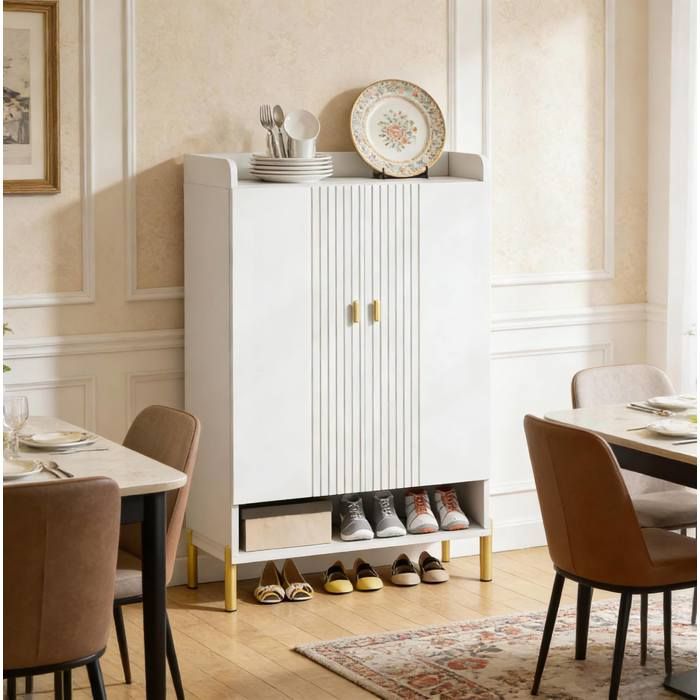 Meuble à chaussures ultra-fin 2 portes 6 niveaux et niche - ELVMI - Blanc et doré pour entrée 75×35×110 cm