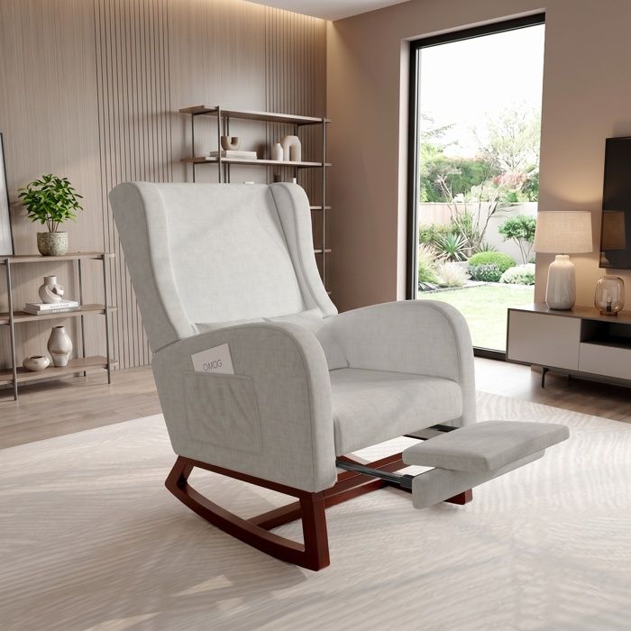 Chaise à Bascule Relax Fauteuil à Bascule rembourré en Tissu avec Dossier Haut avec Antidérapant Pieds et Repose jambes Grey