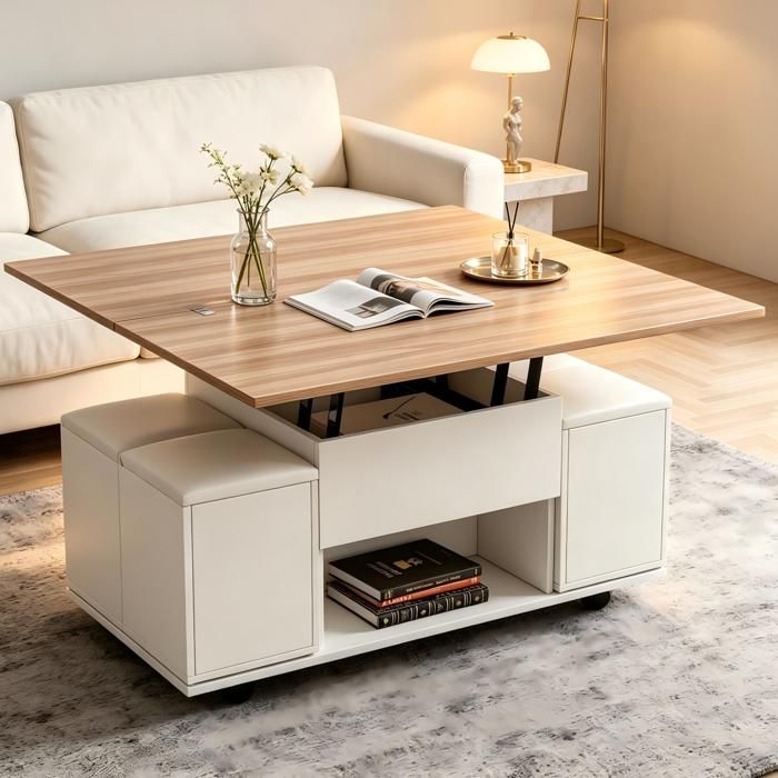 Table basse relevable extensible 100 x 50 cm 3 en 1 avec rangement 4 tabourets roulettes blanc et bois VEVXYN