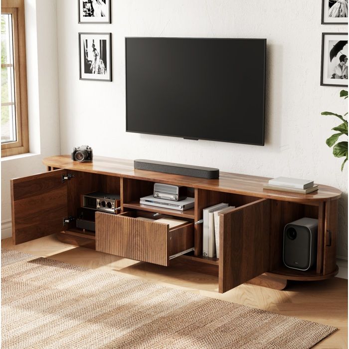 ULEVR Meuble TV 180 cm effet vague 3D 4 portes 1 tiroir niche ouverte coloris noyer