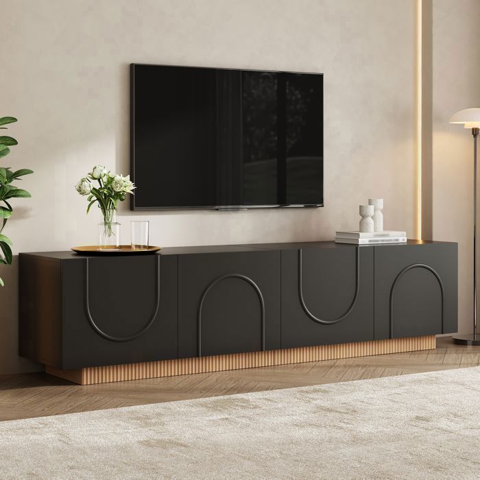 Meuble TV 170 cm / Banc TV - avec 4 Portes - Noir- Façades en Relief Motif Arche Socle à Lattes Passe-Câbles - Merax