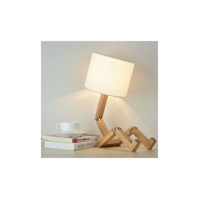 Lampe de Chevet Robot Lampes de Table Créatives avec Base Bois Ajustable Salon Lampe de Bureau Moderne E27 avec Abat-jour Tissu