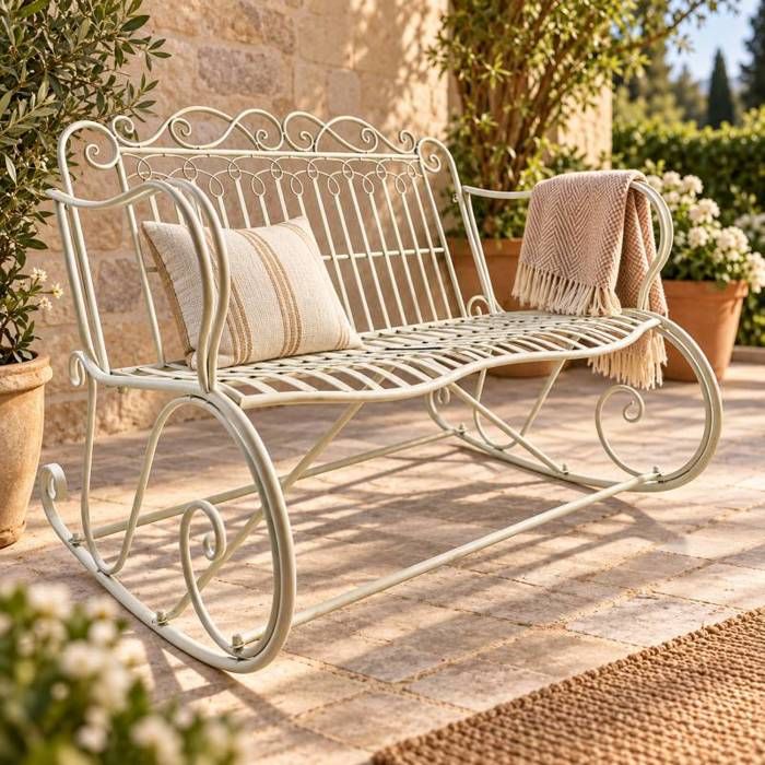 Rocking Chair Double Vienne Blanc Fauteuil 2 Places de Jardin Banc à Bascule Intérieur Extérieur en Métal Patiné 88x89x114 5cm Rocking Chair Double Vienne Blanc Fauteuil 2 Places de Jardin Banc à Bascule Intérieur Extérieur en Métal Patiné 88x89x114 5cm