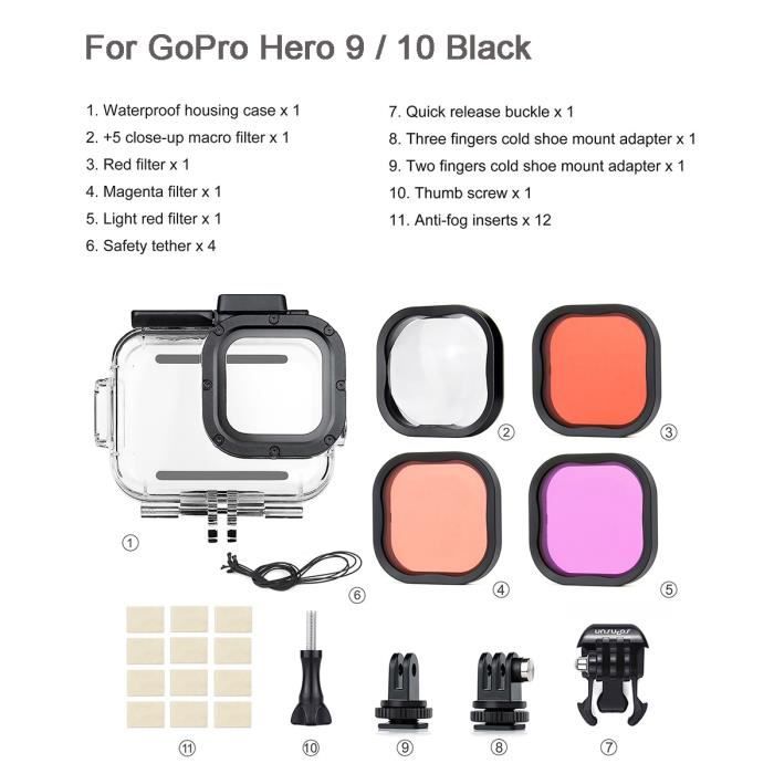 AFAITH Kit Plongée GoPro Hero 9-12 - Boîtier Étanche + 3 Filtres Correction Couleur Pour Photos Sous-Marines