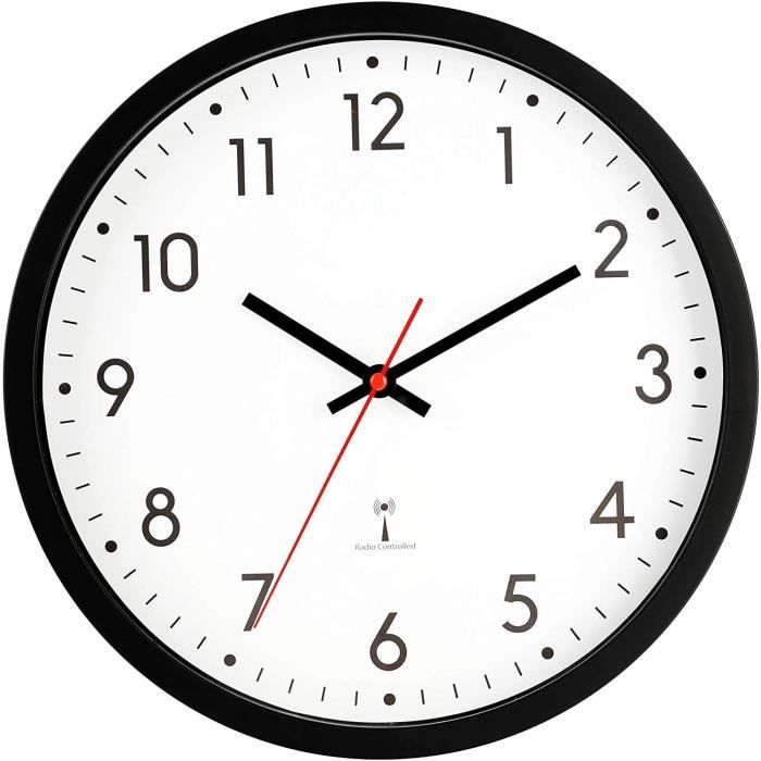 Horloge Murale Radio-Pilotée PRIM Sandy - 35 Cm - Plastique Blanc/Marron - Synchronisation Automatique - Pour Cuisine/Salon