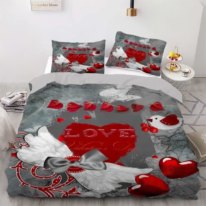 Housse De Couette 220x240 Cm + 2 Taies 65x65 Cm - Microfibre Douce, Impression 3D Motif Fleur Rouge - Fermeture éclair Et Attaches Coins