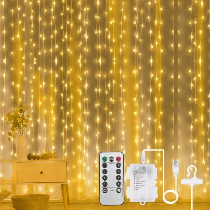 Guirlande Lumineuse Rideau, Avec crochet Rideau Lumineux USB 300 LED 3m3m 8  Modes d'Eclairage, Decoration