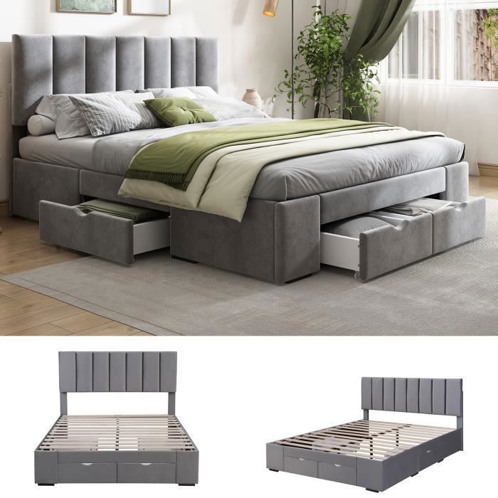 MODERNLUXE Lit adulte 160 x 200 cm avec sommier à lattes et 4 tiroirs tissu velours tête de lit réglable gris