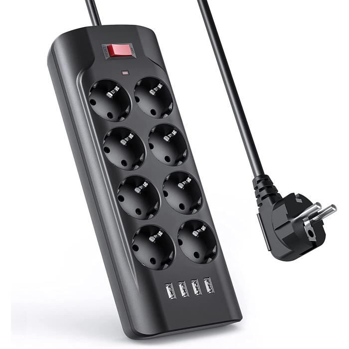 Multiprise Parasurtenseur Tour 8 Prises avec interrupteur et 4 ports