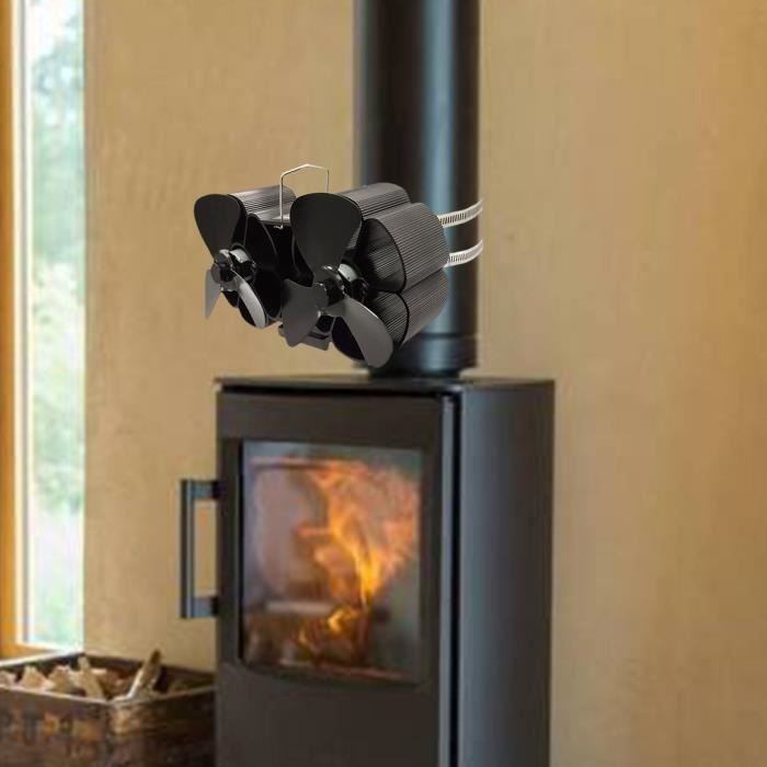 Ventilateur de cheminée noir à double tête, 6 lames, poêle à bois