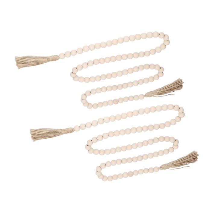 Pyatofly Lot de 2 guirlandes de perles en bois avec pompons, perles rustiques pour décoration de campagne, style bohème, couleur bois