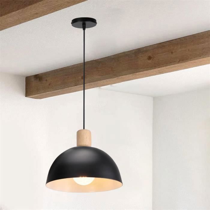 IDEGU Lustre Suspension Rétro Suspension Luminaire Moderne Style Demi-Cercle Plafonnier E27 en Bois Métal Noir Ø 20CM