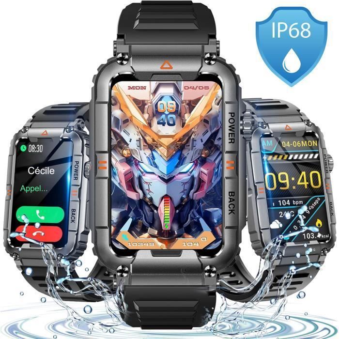 Montre Connectée Militaire Sport Rectangle Appel Bluetooth Étanche IP68 Évacuer de leau Grand Écran IPS 157HD Boîtier Alliage Zn