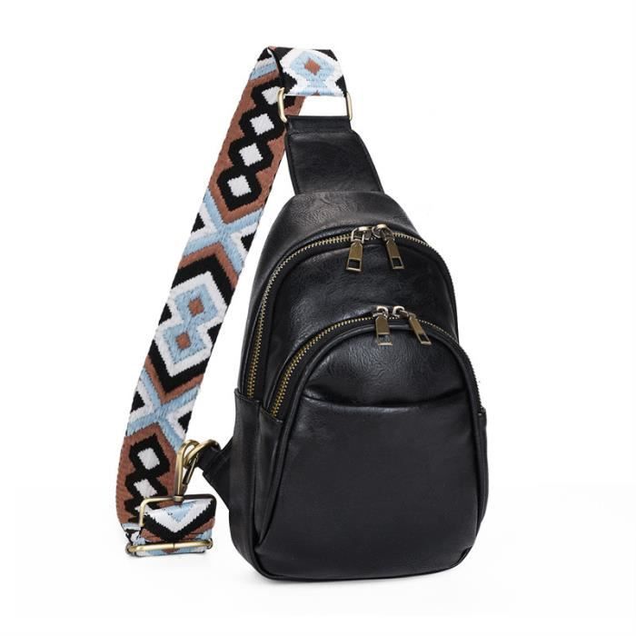 Sac De Poitrine Petit Sacoche À Large Bandoulière Réglable Femme Rétro En PU - Noir