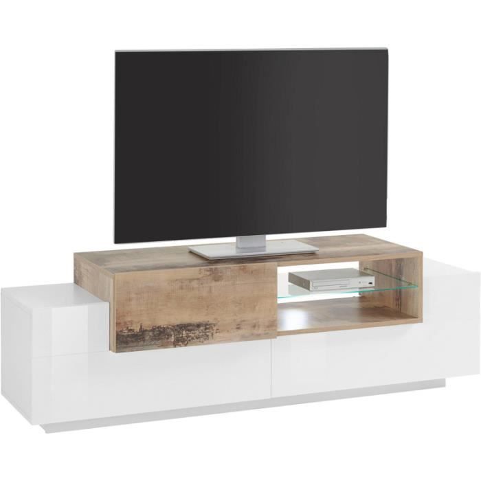 meuble tv moderne 160 cm blanc laqué brillant apollon blanc/chêne     51 cm