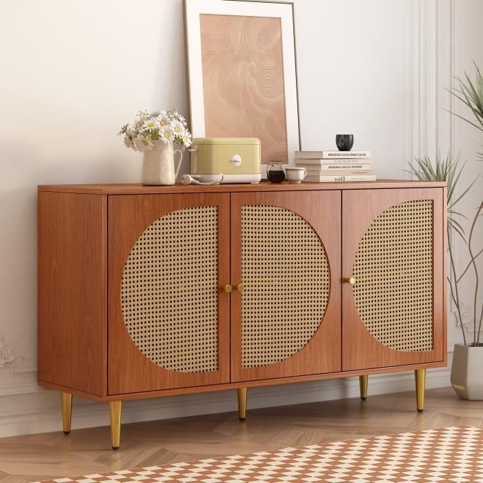 Buffet en rotin commode avec poignées en métal + 3 portes adapté à chambre salon et bureau 1298x40x76cm noyer