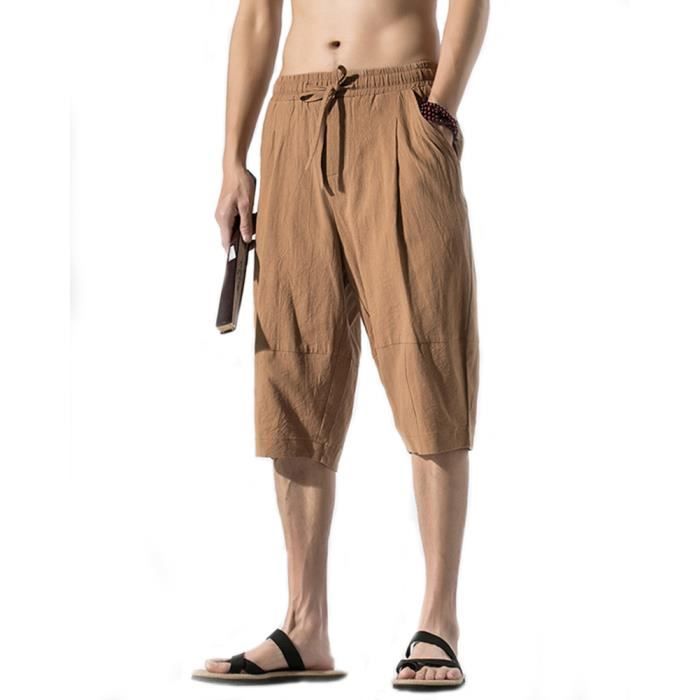 Fashion Hommes Casual Shorts avec cordon de serrage mélange lin ample Plage Été Pantalon Chaud