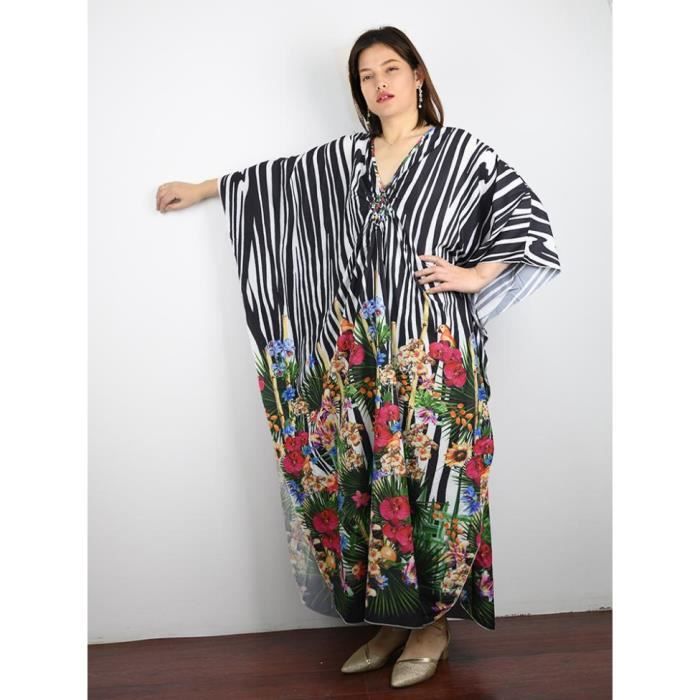 Robe de plage ?�t?� grande taille Boho imprim?� floral pour Kaftan ROBE DE PLAGE Beach - mage noir 