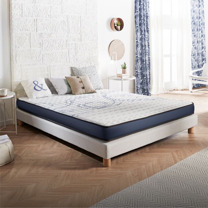 Matelas 140x190 Cm Mémoire De Forme + Latex Bleu + Ressorts - Épaisseur 30 Cm, Hypoallergénique, 7 Zones De Soutien, Fermeté H3